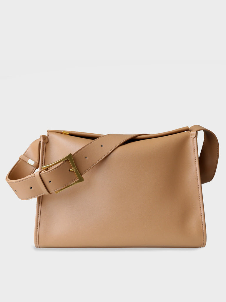 Women's Minimal Soft Leather Pillow Shoulder Bag Single Wide Shoulder Strap Hobo Tote Bag, SaddleBrown
