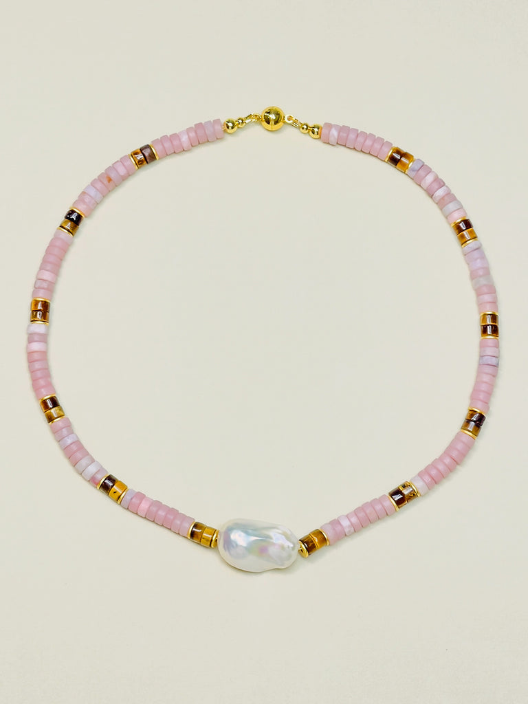 Natural Stone Pink Opal Chocker Freshwater Baroque Pearl Necklace | SAWUBONA - POPBAE