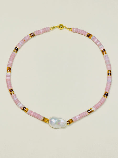 Natural Stone Pink Opal Chocker Freshwater Baroque Pearl Necklace | SAWUBONA - POPBAE