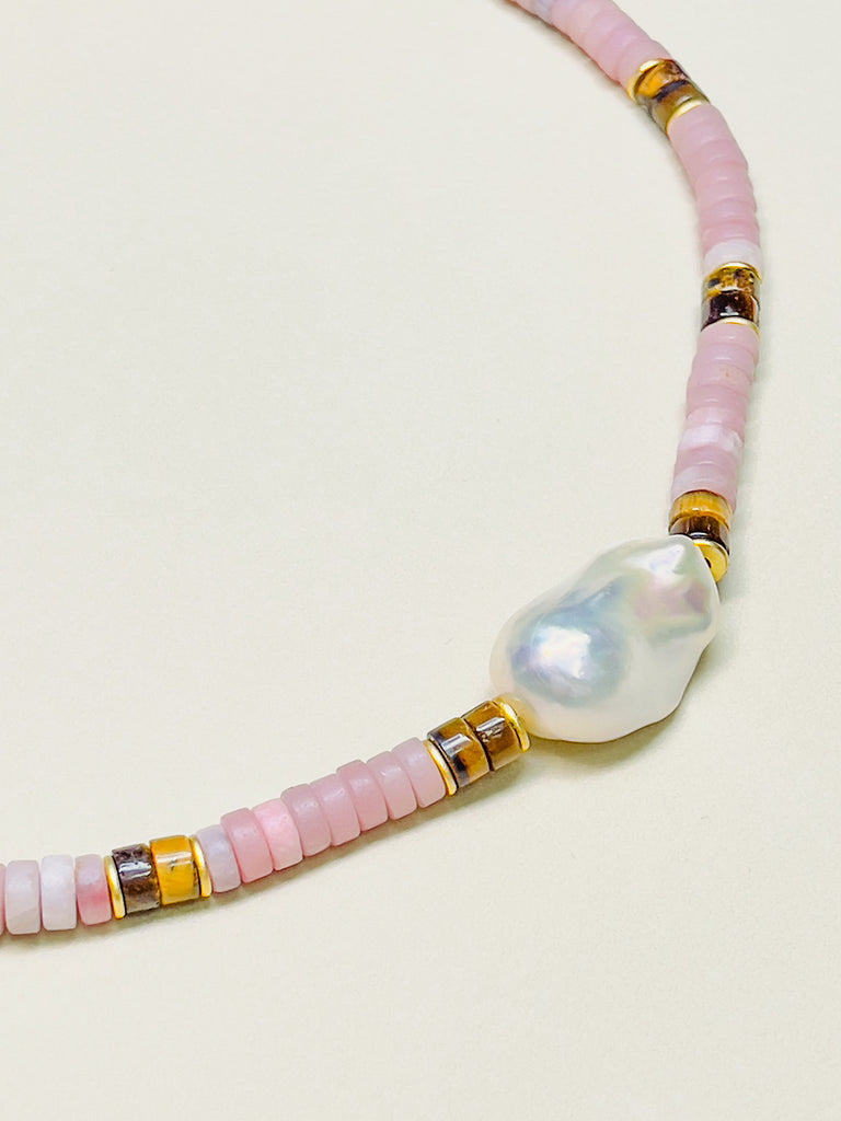 Natural Stone Pink Opal Chocker Freshwater Baroque Pearl Necklace | SAWUBONA - POPBAE