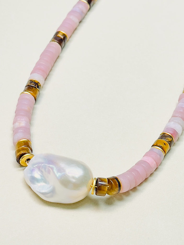 Natural Stone Pink Opal Chocker Freshwater Baroque Pearl Necklace | SAWUBONA - POPBAE