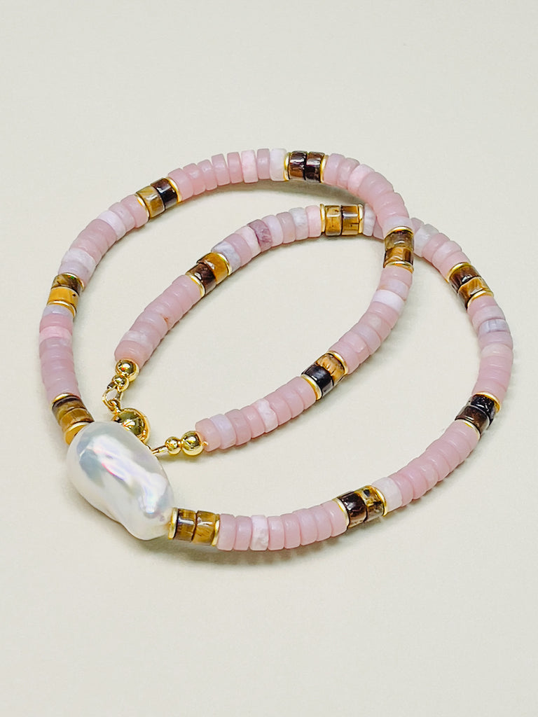 Natural Stone Pink Opal Chocker Freshwater Baroque Pearl Necklace | SAWUBONA - POPBAE