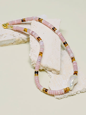 Natural Stone Pink Opal Chocker Freshwater Baroque Pearl Necklace | SAWUBONA - POPBAE