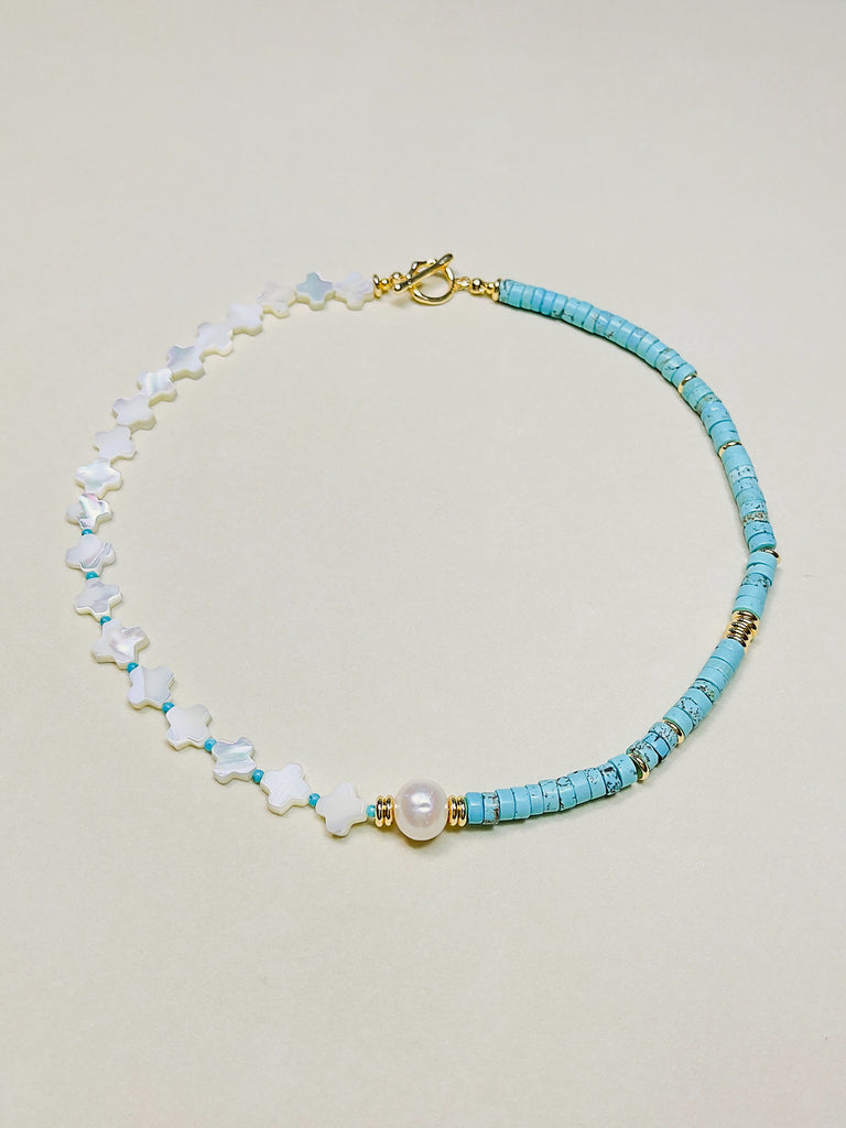 Natural Stone Turquoise Shell Cross Chocker Freshwater Pearl Necklace | SAWUBONA - POPBAE