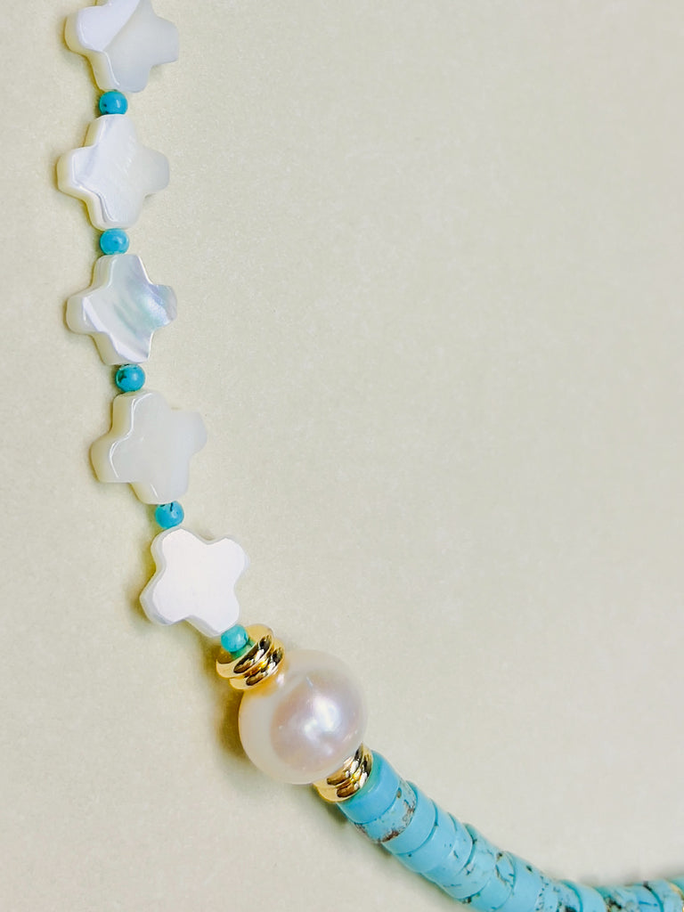 Natural Stone Turquoise Shell Cross Chocker Freshwater Pearl Necklace | SAWUBONA - POPBAE