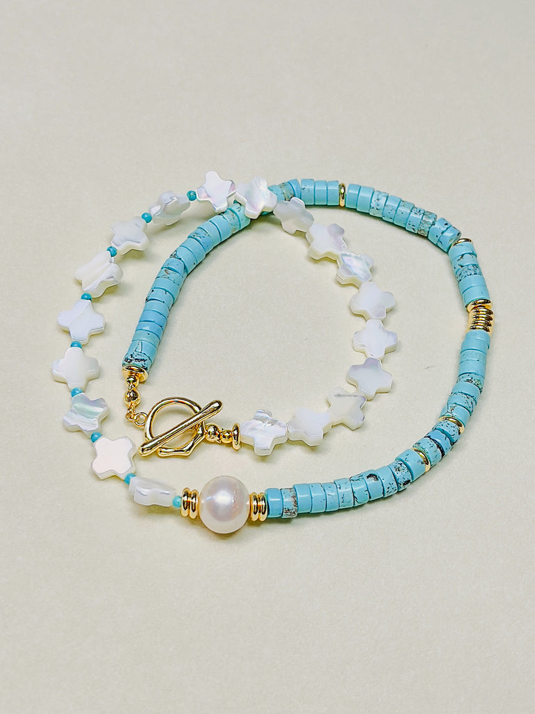 Natural Stone Turquoise Shell Cross Chocker Freshwater Pearl Necklace | SAWUBONA - POPBAE