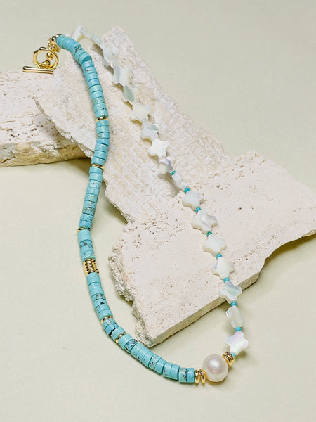 Natural Stone Turquoise Shell Cross Chocker Freshwater Pearl Necklace | SAWUBONA - POPBAE