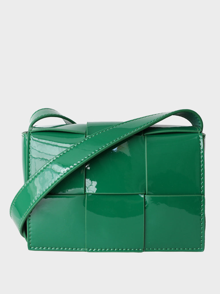 Mini Square Padded Cassette Bag Woven Patent Leather Shoulder Bag Crossbody Handbag - POPBAE