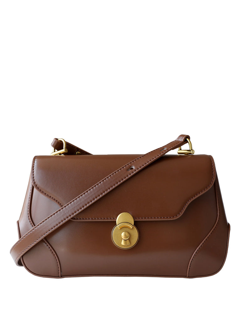 Baguette Shoulder Bag 90s Vintage Flap Top Crossbody Handbag Round Gold Hardware - POPBAE
