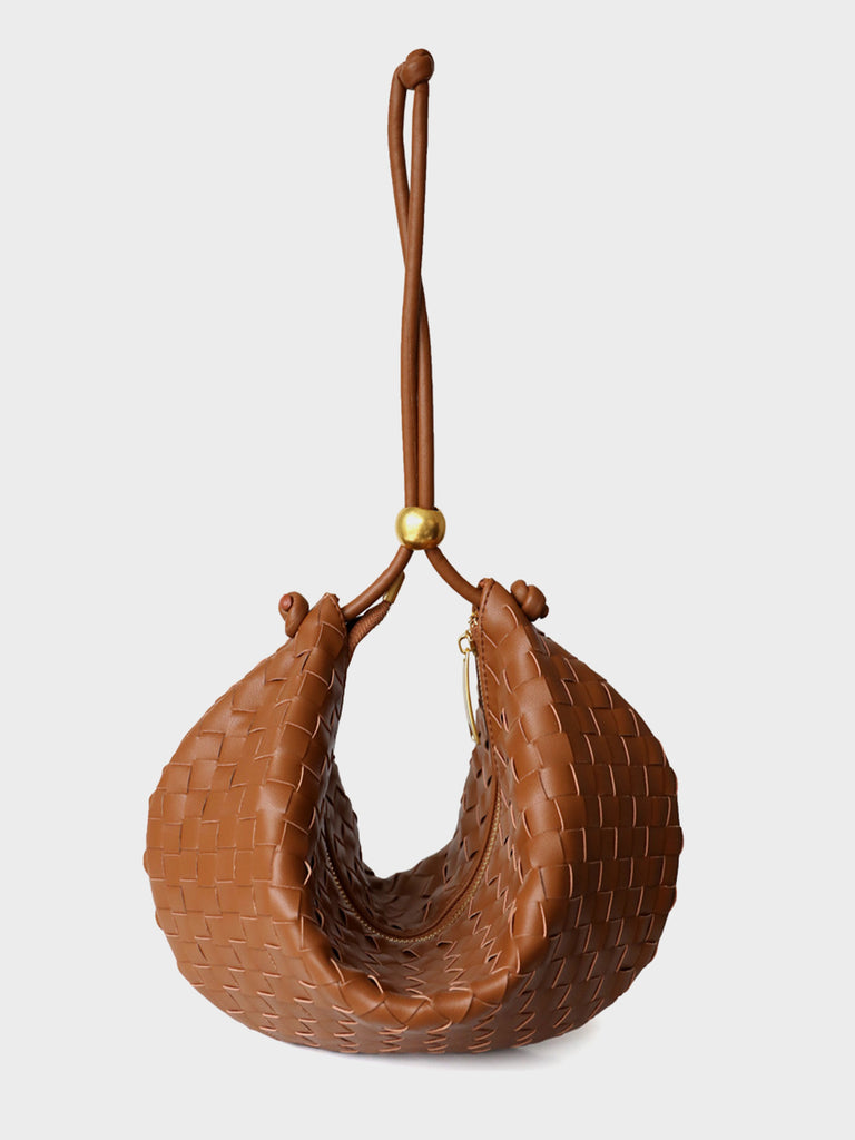 Leather Woven Mini Clutch Bag Dumpling Wrist Pouch Gold Ball Detail Crescent Bag - POPBAE