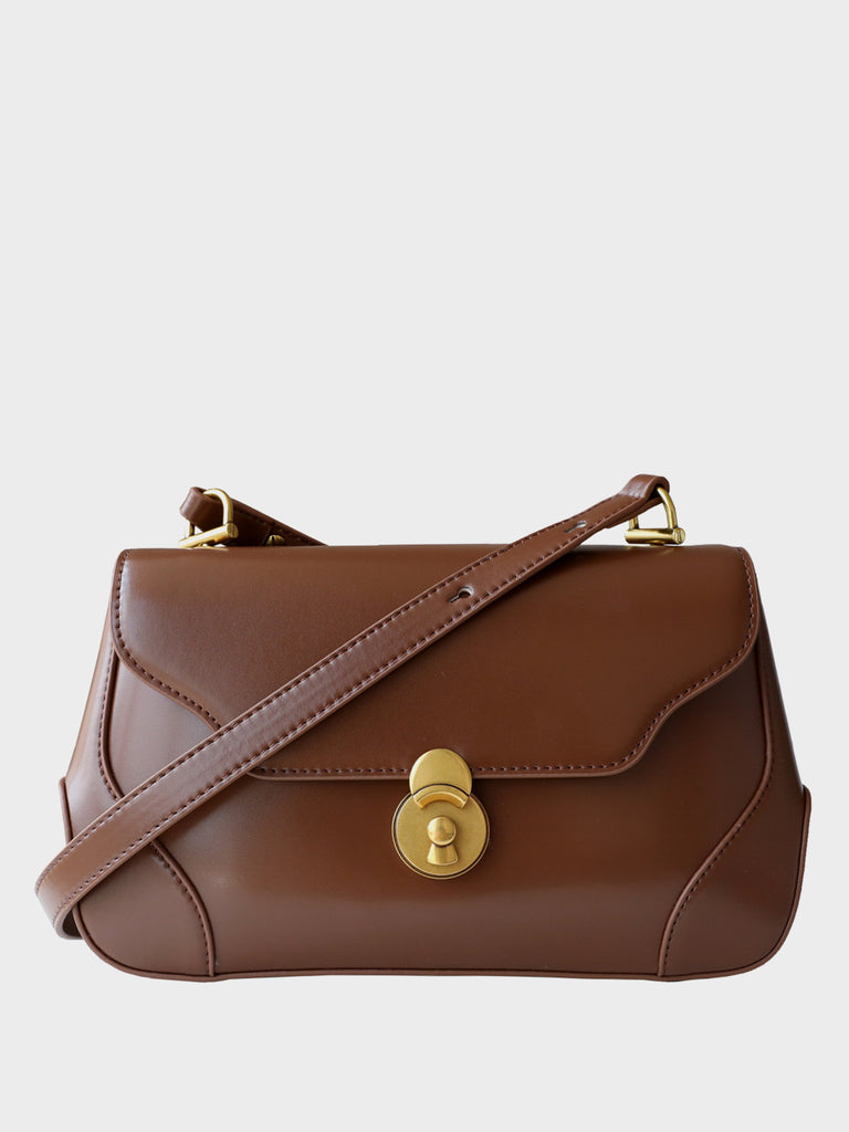 Baguette Shoulder Bag 90s Vintage Flap Top Crossbody Handbag Round Gold Hardware - POPBAE