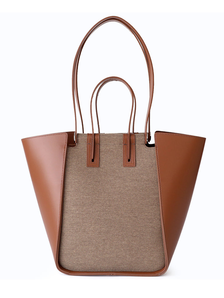 Leather Linen Top Handle Tote Bag Open-top Bucket Bag - POPBAE