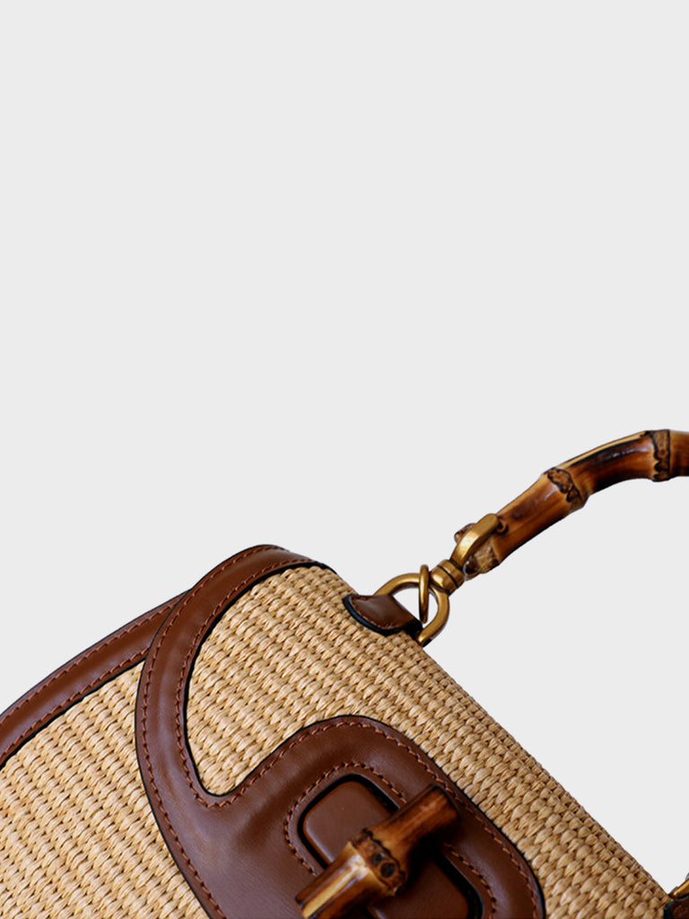 Bamboo Top Handle Bag 1947 Summer Straw Braided Tote Bag 90s Vintage Clutch - POPBAE