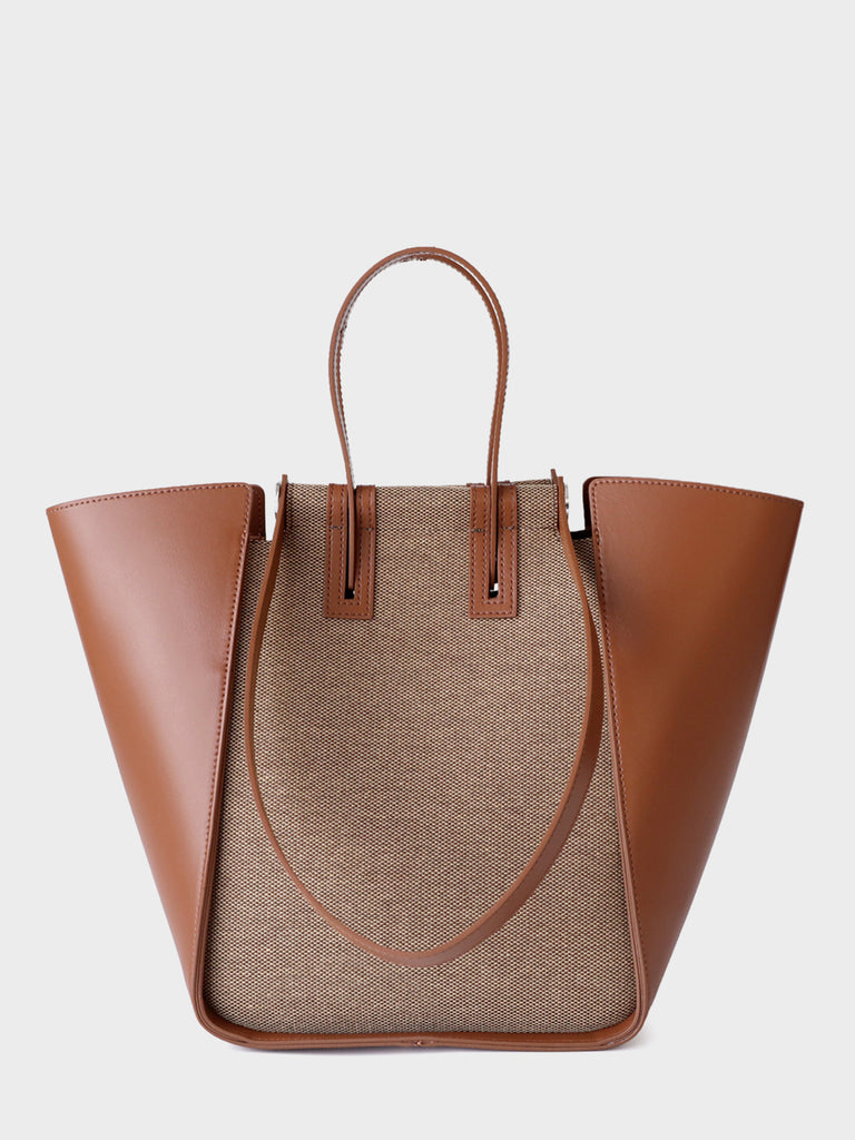 Leather Linen Top Handle Tote Bag Open-top Bucket Bag - POPBAE