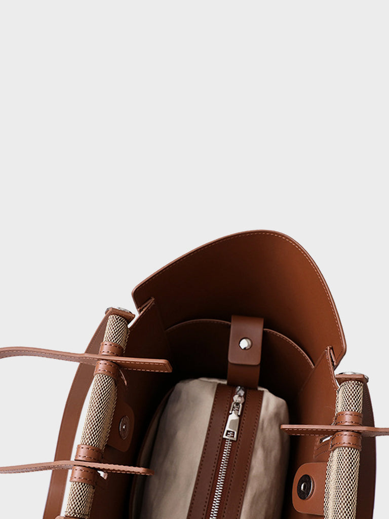 Leather Linen Top Handle Tote Bag Open-top Bucket Bag - POPBAE