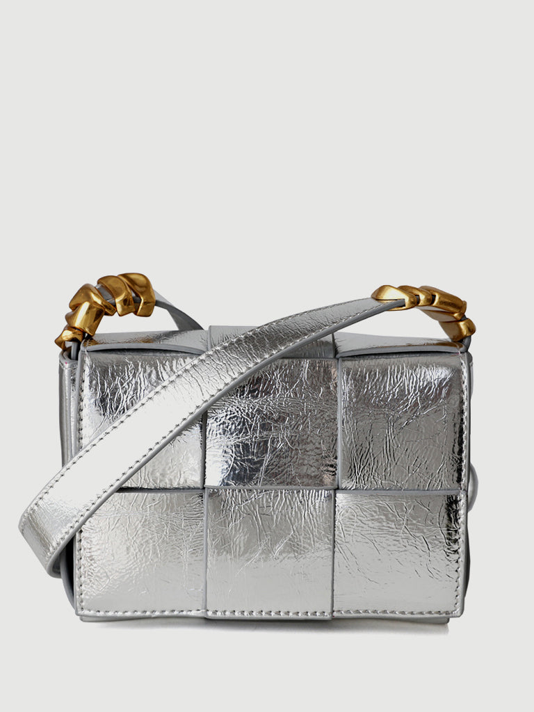Mini Square Padded Cassette Bag Woven Leather Shoulder Bag Crossbody Handbag - POPBAE