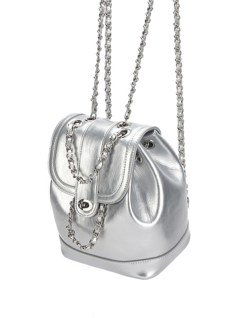 Leather Mini Back Pack Silver Chain Strap Flap Shoulder Bag - POPBAE