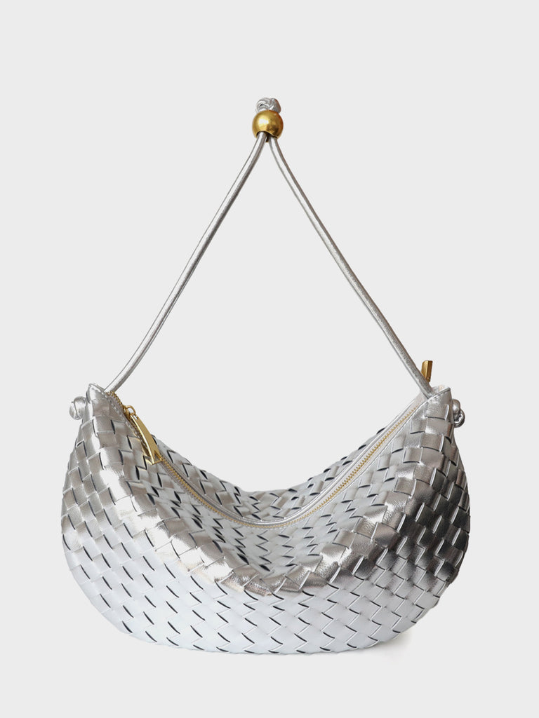Leather Woven Mini Clutch Bag Dumpling Wrist Pouch Gold Ball Detail Crescent Bag - POPBAE