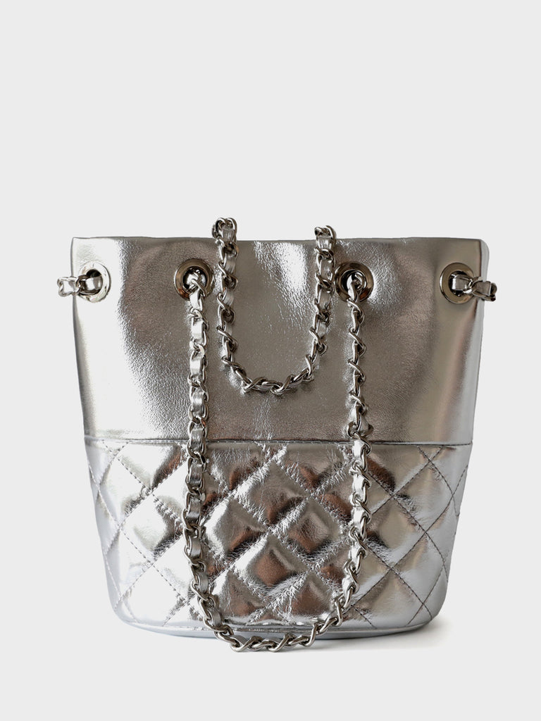 Silver Chain Strap Calfskin Lattice Shoulder Bag Diamond-quilted Tote Bag - POPBAE