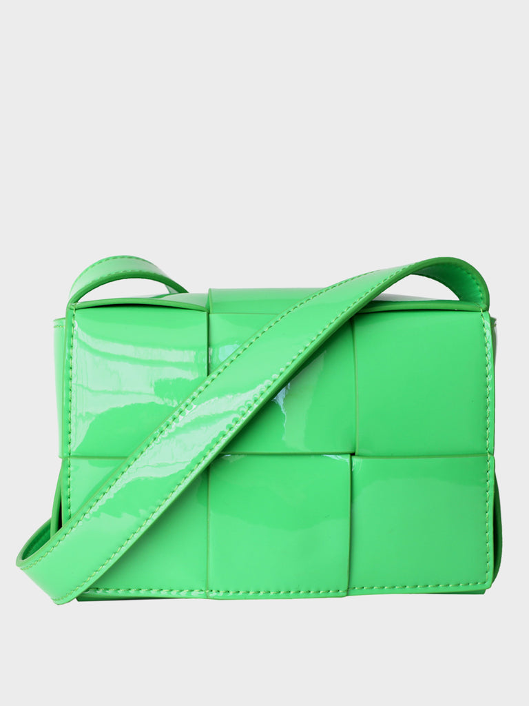 Mini Square Padded Cassette Bag Woven Patent Leather Shoulder Bag Crossbody Handbag - POPBAE