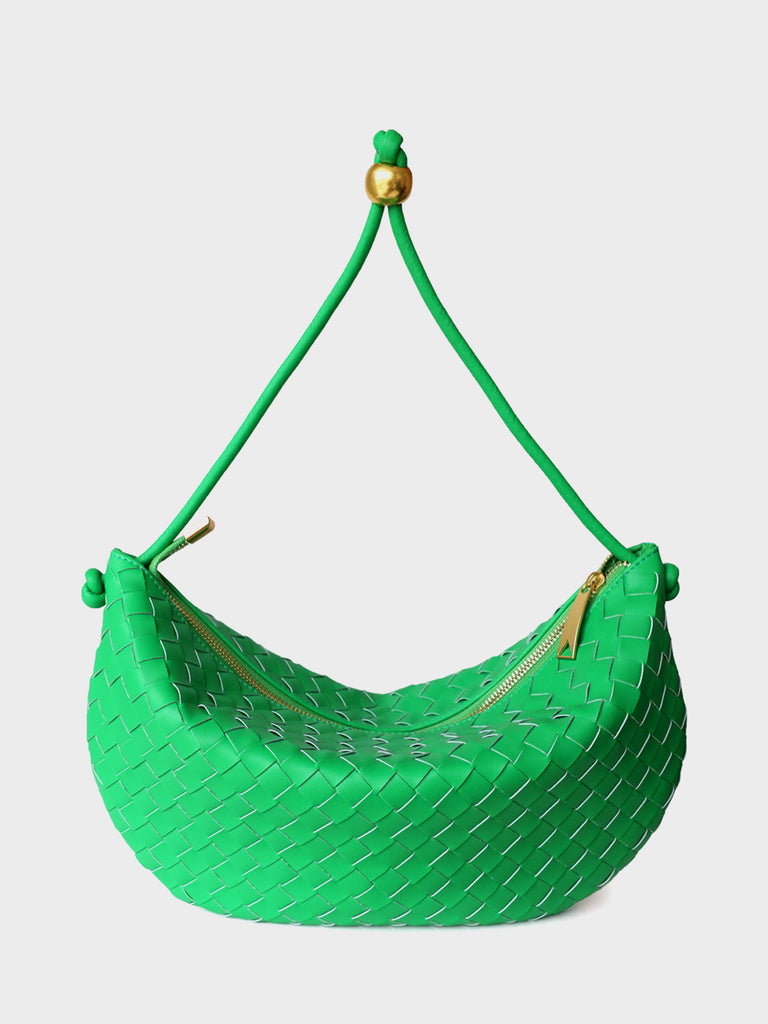 Leather Woven Mini Clutch Bag Dumpling Wrist Pouch Gold Ball Detail Crescent Bag - POPBAE