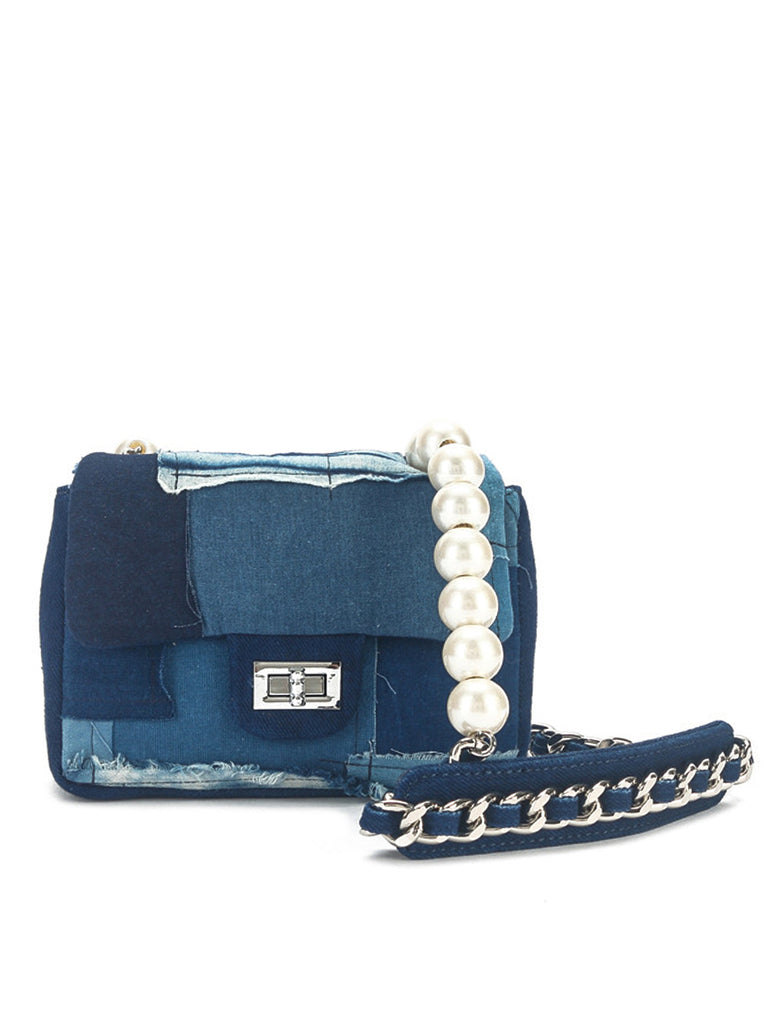 Mini Emotional Denim Shoulder Bag Flap Top Pearls&Silver Chain Square Handbag, SteelBlue
