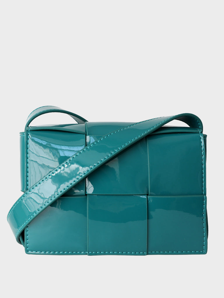 Mini Square Padded Cassette Bag Woven Patent Leather Shoulder Bag Crossbody Handbag, Chocolate