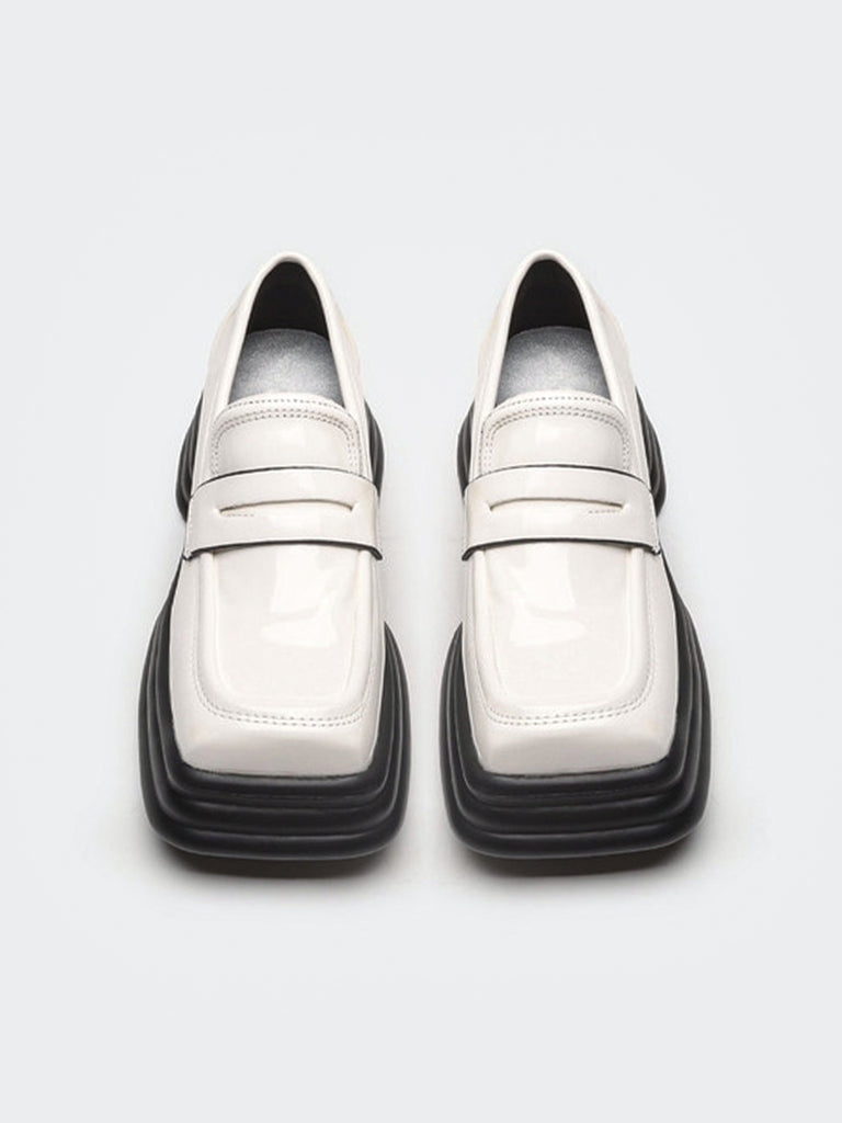 Women's Square Toe Textured Tread Block Chunky Sole Flat Loafers - POPBAE