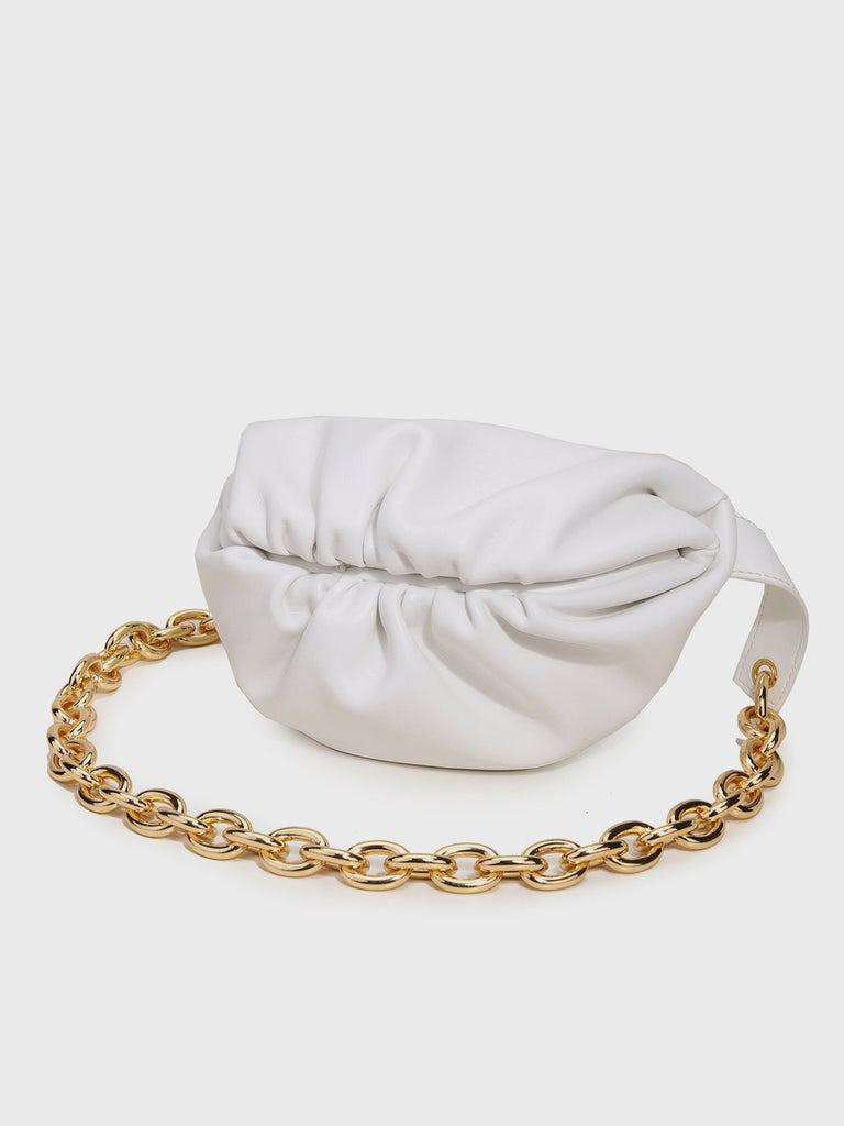 Women's Puffy Fanny Pack Cute Soft Leather Pouch Ruched Belt Bag Chunky Golden Chain - POPBAE