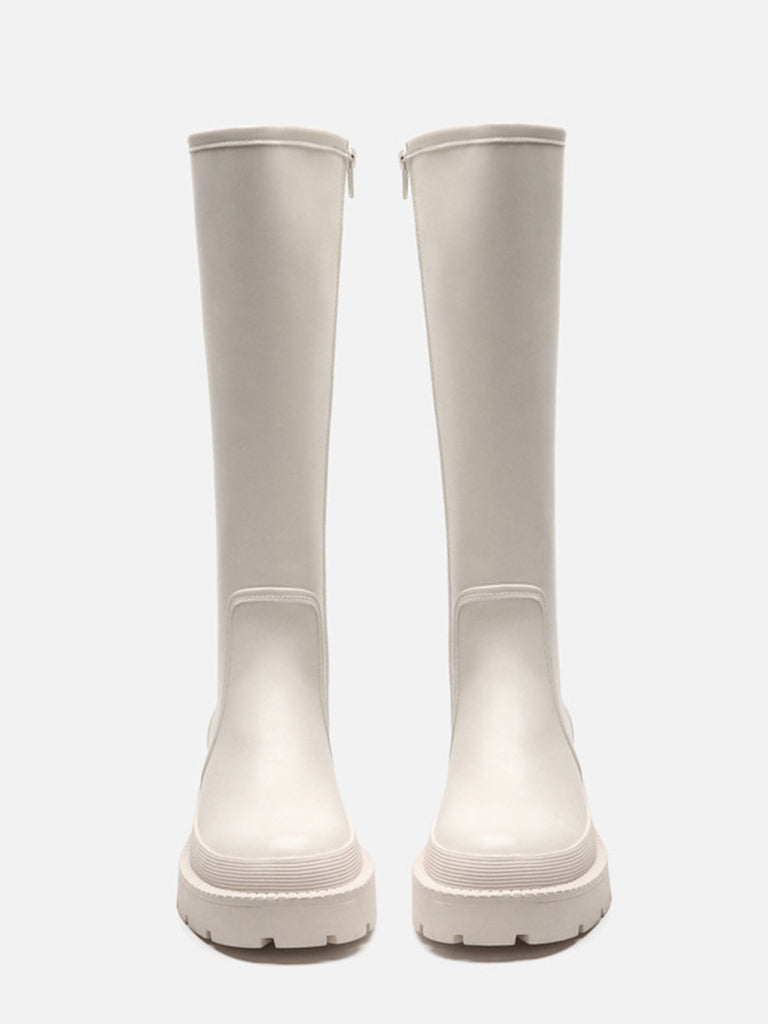 Women's Mid-block Round Toe Chunky Sole Rubberized Flatform Boots Zip Closure - POPBAE