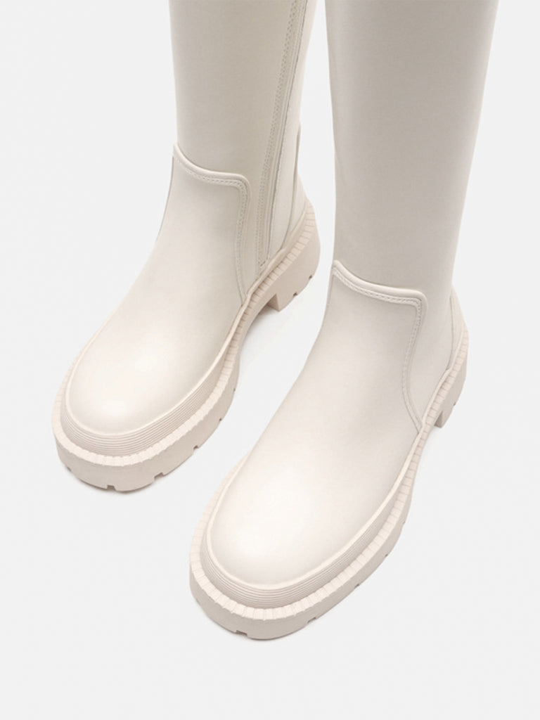Women's Mid-block Round Toe Chunky Sole Rubberized Flatform Boots Zip Closure - POPBAE