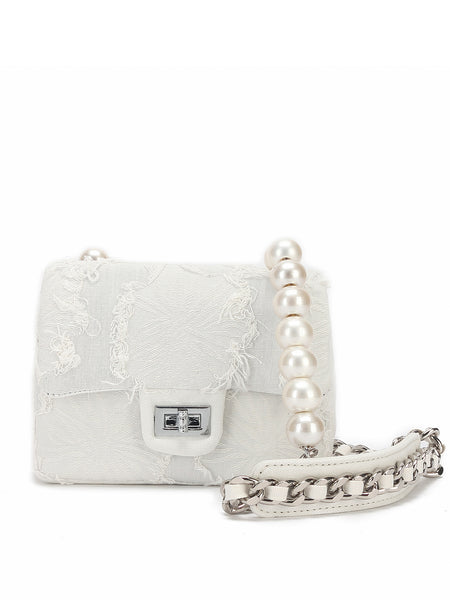 Mini Emotional Denim Shoulder Bag Flap Top Pearls&Silver Chain Square Handbag - POPBAE