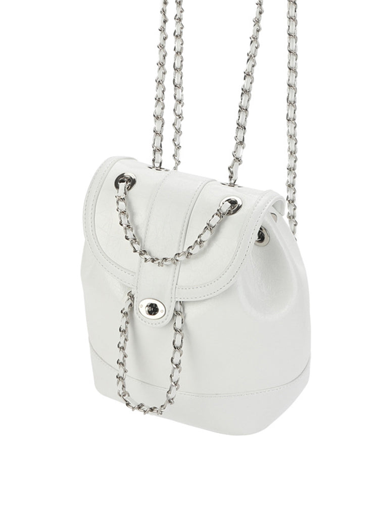 Leather Mini Back Pack Silver Chain Strap Flap Shoulder Bag - POPBAE