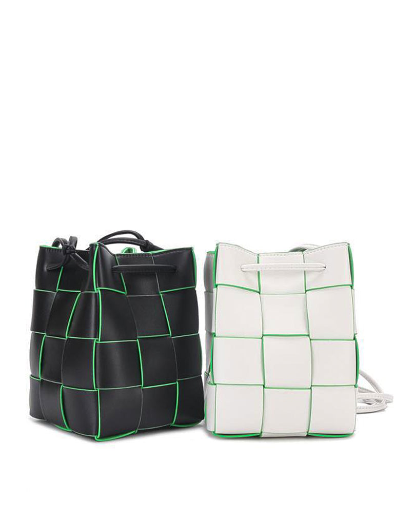Mini Contrasting Leather Woven Tote Bag Crossbody Handbag - POPBAE