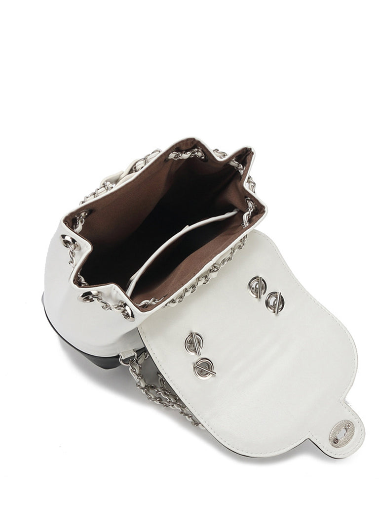 Leather Mini Back Pack Silver Chain Strap Flap Shoulder Bag - POPBAE