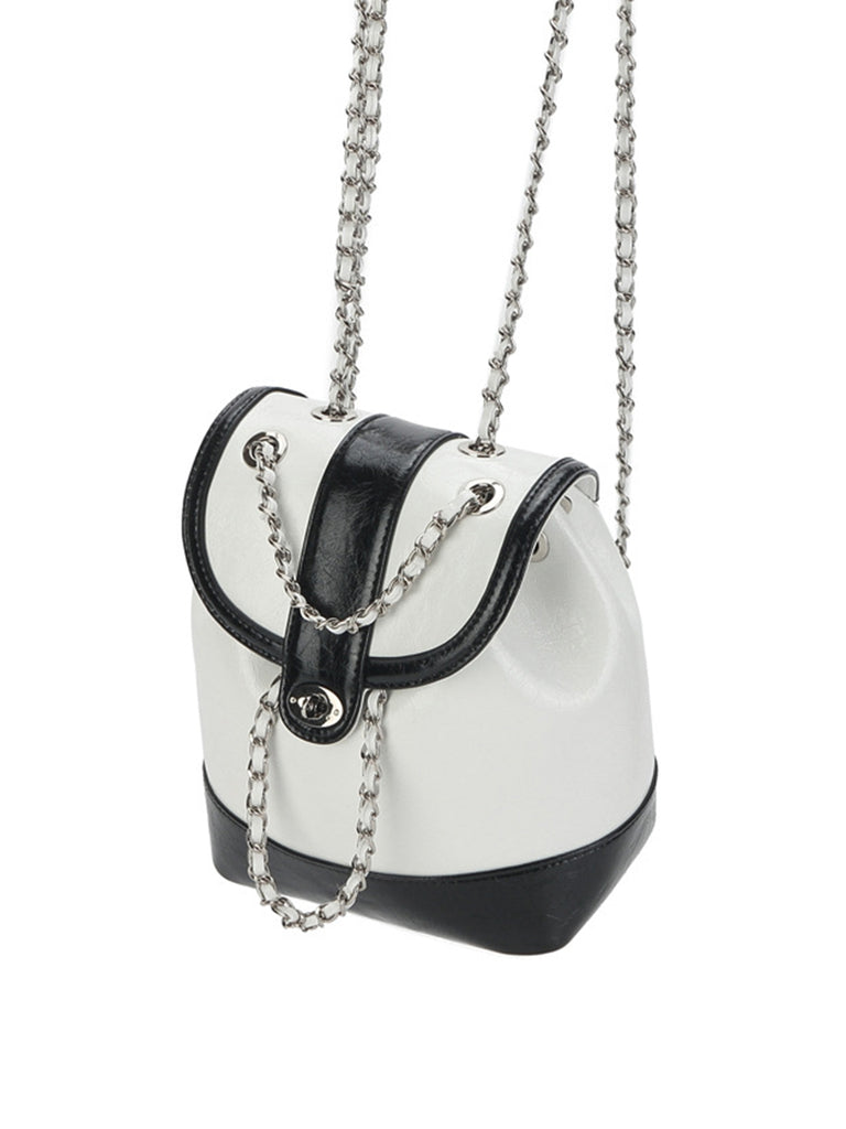 Leather Mini Back Pack Silver Chain Strap Flap Shoulder Bag - POPBAE