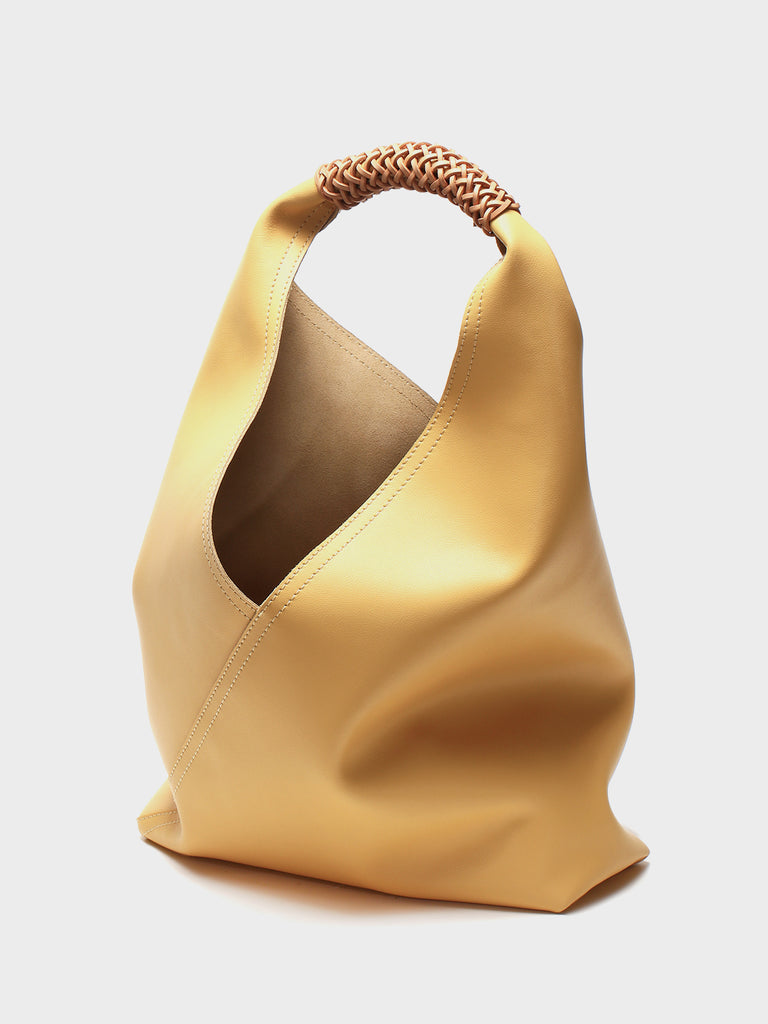Leather V Open-top Basket Handbag Bucket Tote Bag With Braided Leather Handles - POPBAE