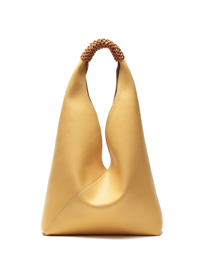 Leather V Open-top Basket Handbag Bucket Tote Bag With Braided Leather Handles - POPBAE
