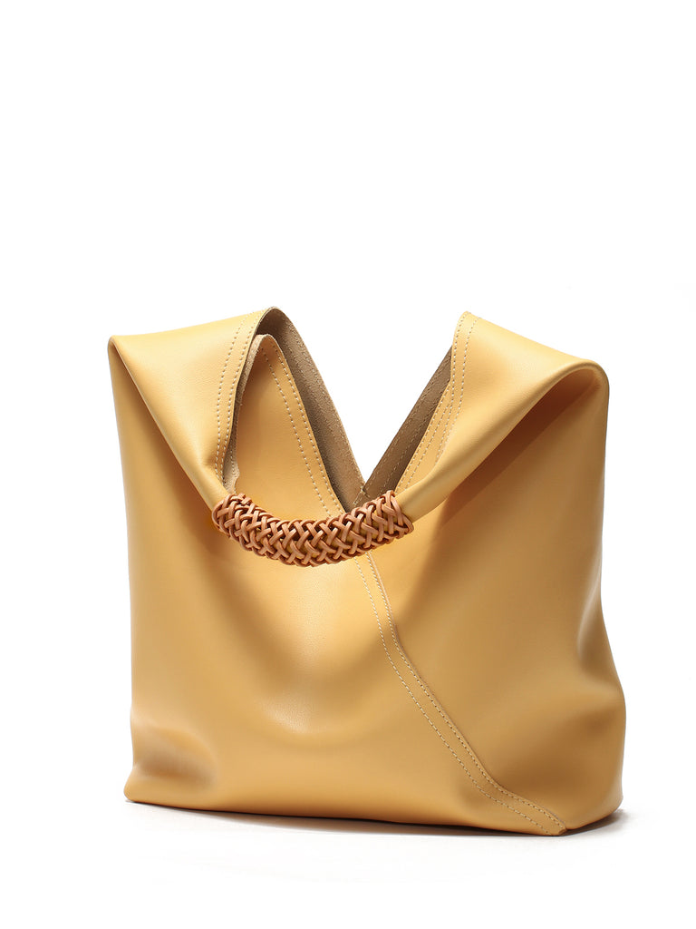 Leather V Open-top Basket Handbag Bucket Tote Bag With Braided Leather Handles - POPBAE