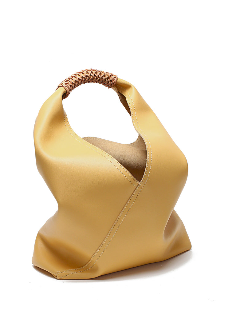 Leather V Open-top Basket Handbag Bucket Tote Bag With Braided Leather Handles - POPBAE