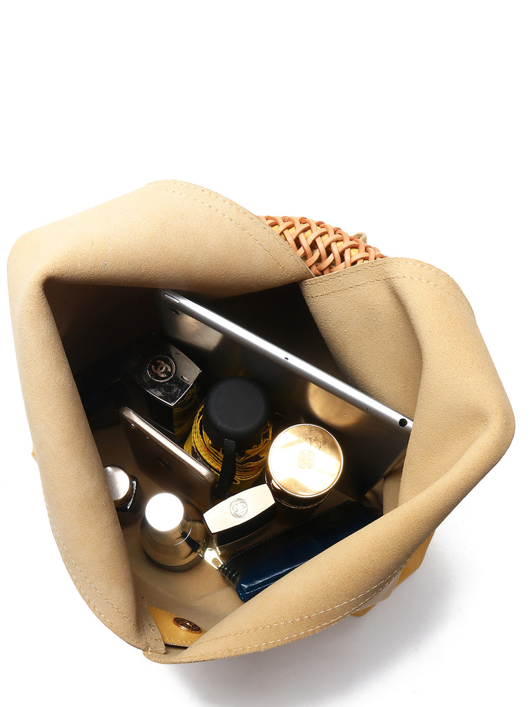 Leather V Open-top Basket Handbag Bucket Tote Bag With Braided Leather Handles - POPBAE