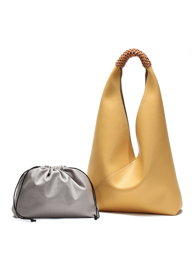 Leather V Open-top Basket Handbag Bucket Tote Bag With Braided Leather Handles - POPBAE