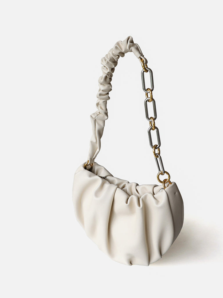 Ruched Crescent Hobo Bag Golden Chain Puffy Soft Leather Cloud Shoulder Bag - POPBAE